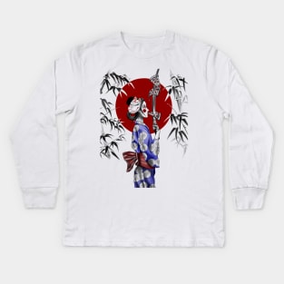 Japanese Geisha Eating NY Pizza with Samurai Sword Kids Long Sleeve T-Shirt